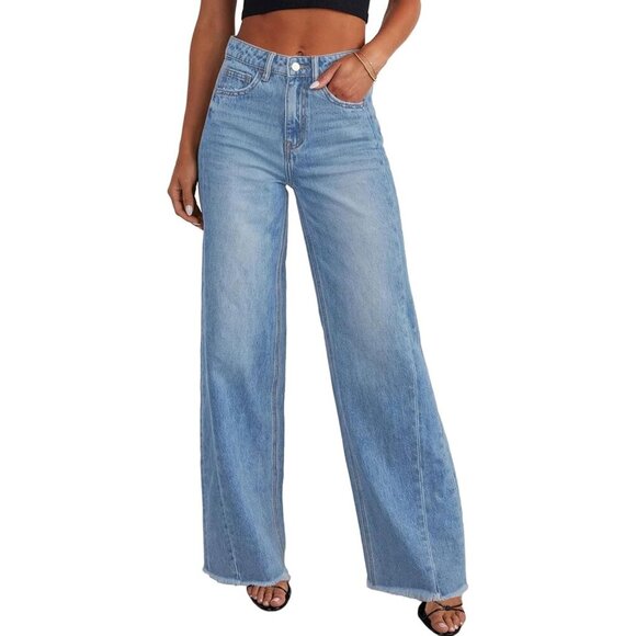 Denim - Wide Leg Jeans Women High Waisted Stretchy Baggy Raw Hem Denim Palazzo